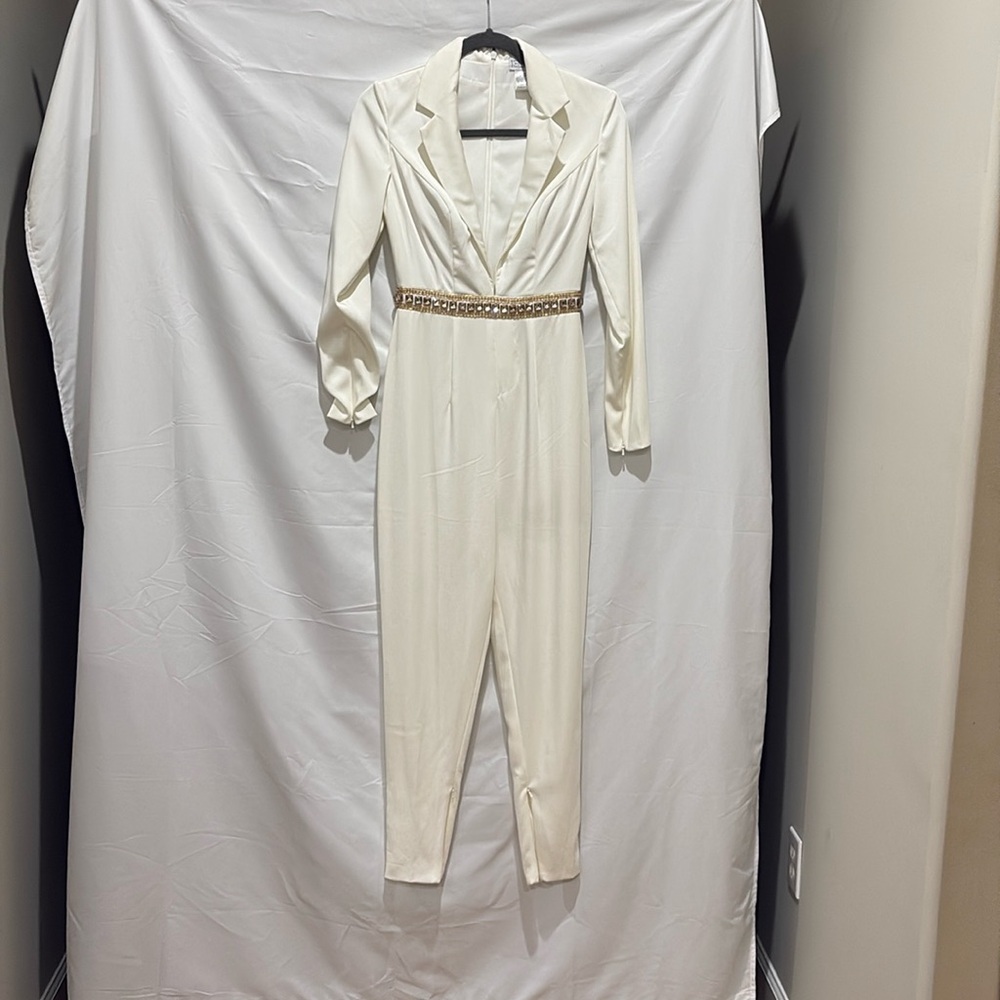 Ieena by Mac Duggal long brown ivory jumpsuit with stonework at waist